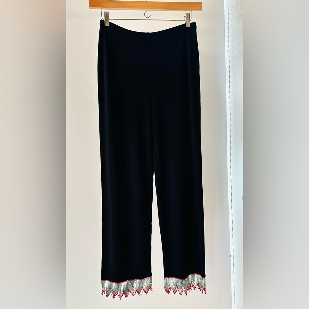 Carole Little Black Jersey Pants with Colorful Glass Bead Fringe Size M NWOT